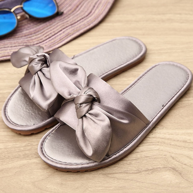 Women Home Slipper Indoor Outdoor Bow Flip-flops Fashion Silk Flat Shoes New Fashion Female Casual flower Print Slides SH021401