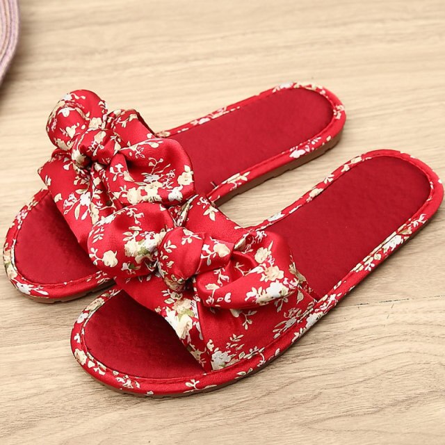 Women Home Slipper Indoor Outdoor Bow Flip-flops Fashion Silk Flat Shoes New Fashion Female Casual flower Print Slides SH021401