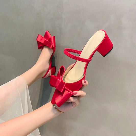 Pointed half slippers women wear  new Baotou fashion bow High-heeled and lazy Muller slippers