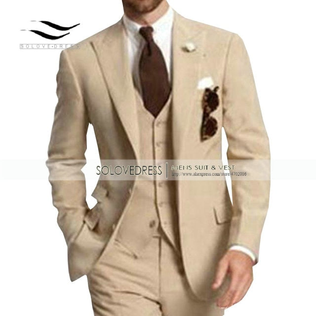 Men's Suit Formal Business Suits 3-Pieces Notch Lapel Solid Tuxedos Best Man For Wedding Groomsmen (Blazer+vest+Pants) Beige New