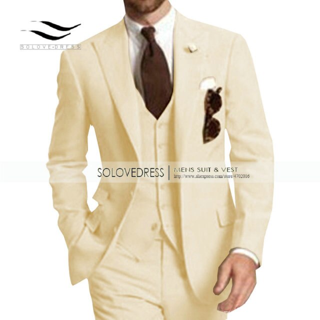 Men's Suit Formal Business Suits 3-Pieces Notch Lapel Solid Tuxedos Best Man For Wedding Groomsmen (Blazer+vest+Pants) Beige New