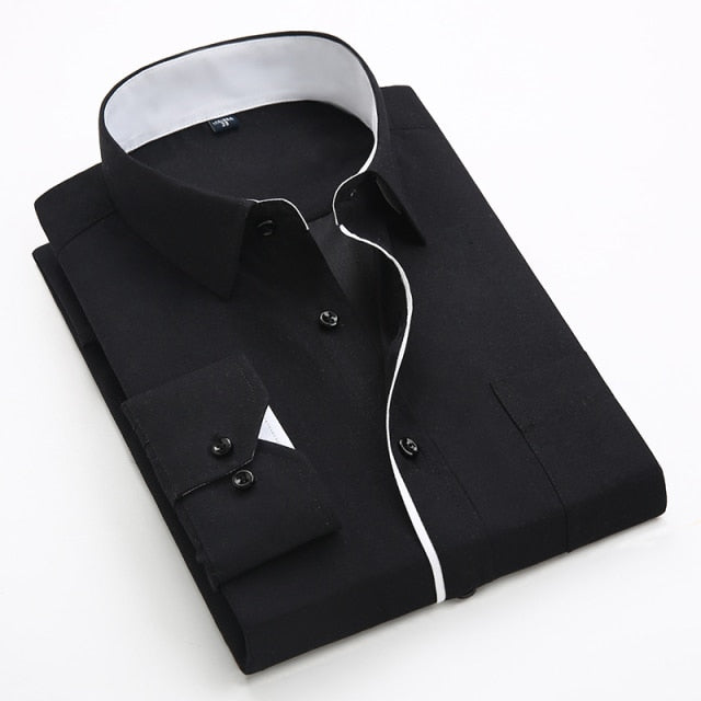 xiangtuibao Men's Classic Shirts Black bars long sleeve dress shirt pocket Solid color Wild men Business cassual shirt slim fit