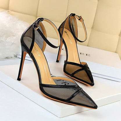 European and American-Style  High-Heeled Shoes Thin Heeled Shallow Mouth Pointed Hollow A- line Mesh Cutout High-Heeled Sandals