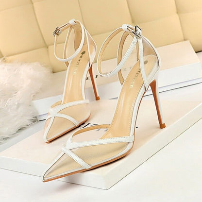 European and American-Style  High-Heeled Shoes Thin Heeled Shallow Mouth Pointed Hollow A- line Mesh Cutout High-Heeled Sandals