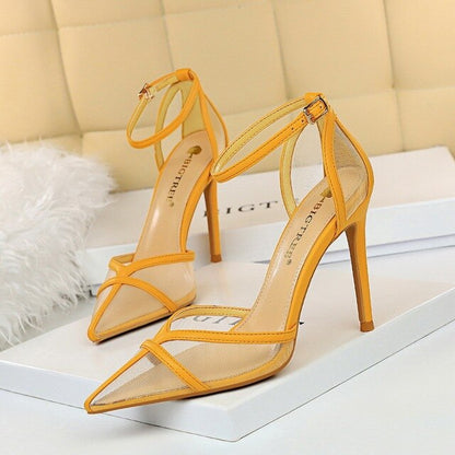 European and American-Style  High-Heeled Shoes Thin Heeled Shallow Mouth Pointed Hollow A- line Mesh Cutout High-Heeled Sandals