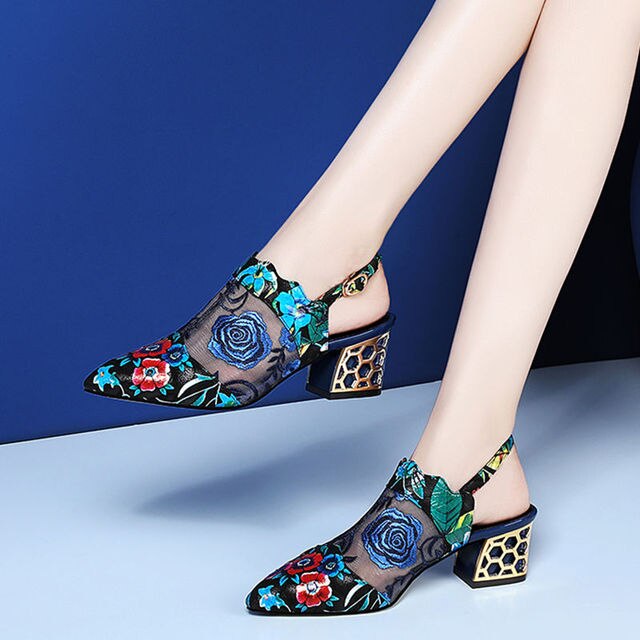 xiangtuibao    High Heels Sandals,Woman Mesh Summer Shoes,Women Pumps Pointed toe,Ankle Buckle Strap,Ethnic Embroidery Flower,Handmade