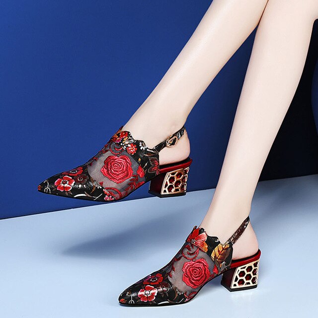 xiangtuibao    High Heels Sandals,Woman Mesh Summer Shoes,Women Pumps Pointed toe,Ankle Buckle Strap,Ethnic Embroidery Flower,Handmade