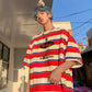 xiangtuibao Striped Contrast Short Sleeve T-Shirt Men's Trendy Summer Street Hip Hop Loose Retro Couple Tops Personality Cotton Half Sleeve