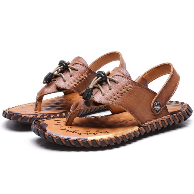 Genuine Leather Sandals Men Shoes Cow Leather Half Drag Beach Flip Flops Summer Outdoor Footwear Male Leisure Plus Size Slippers