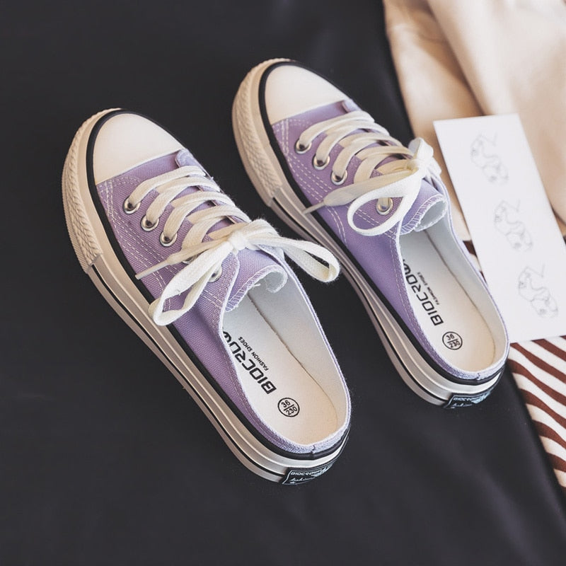 Summer New Slipper Canvas Shoes Women's All-match Girls Half White Shoes Purple Loafers Without Back Basic Style Must Have