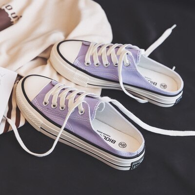 Summer New Slipper Canvas Shoes Women's All-match Girls Half White Shoes Purple Loafers Without Back Basic Style Must Have