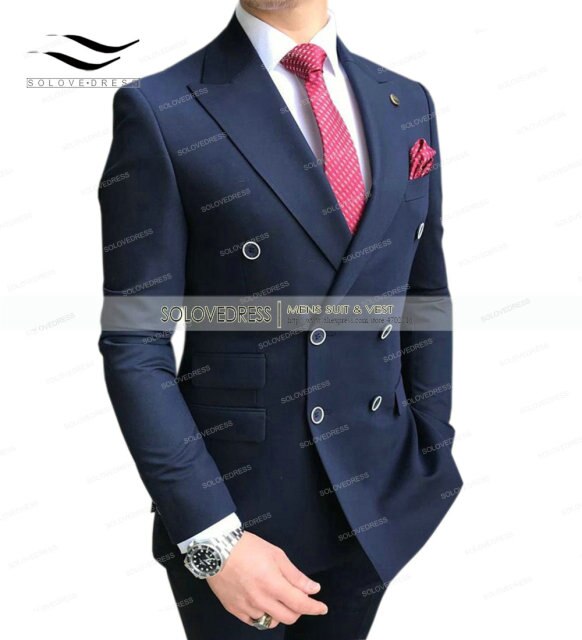 Double Breasted Peak Lapel Gentleman Grey Blazer Two Pieces Mens Suit with Pants Formal Silver Jacket For Wedding Groom Tuxedos