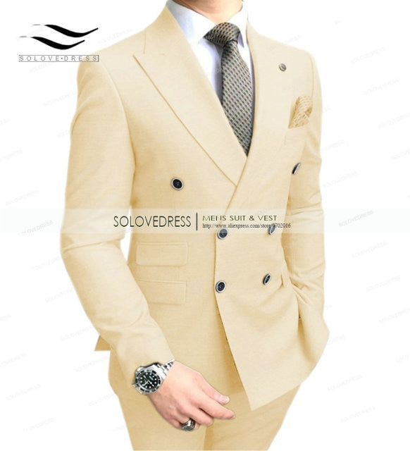 Double Breasted Peak Lapel Gentleman Grey Blazer Two Pieces Mens Suit with Pants Formal Silver Jacket For Wedding Groom Tuxedos