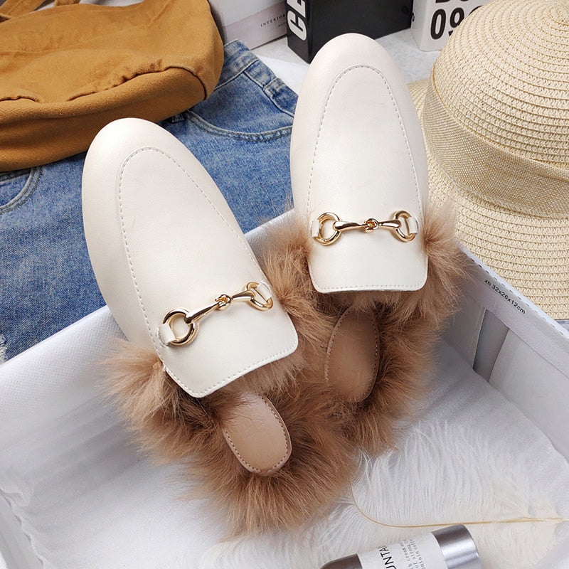 New autumn and winter slippers for women Muller slippers for women thermal fashion rabbit hair and wool wrapped half slippers