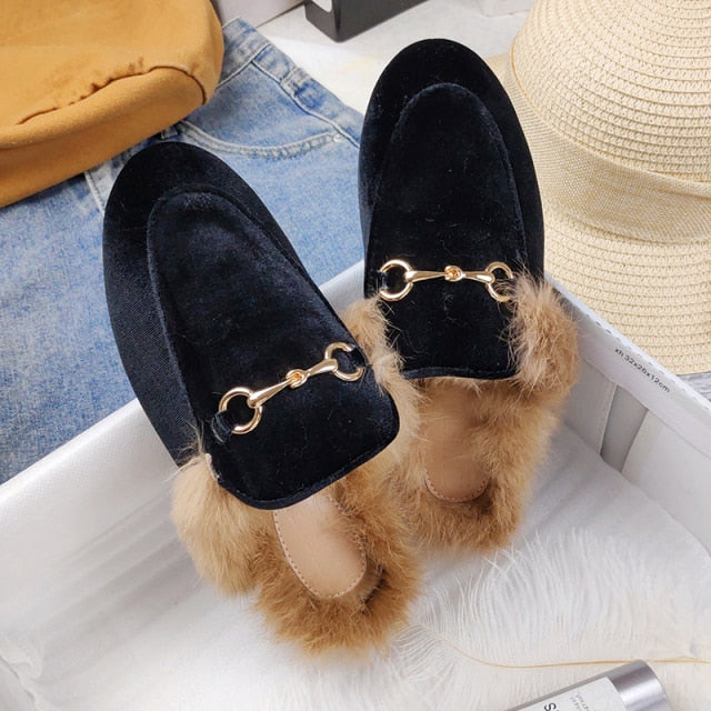 New autumn and winter slippers for women Muller slippers for women thermal fashion rabbit hair and wool wrapped half slippers