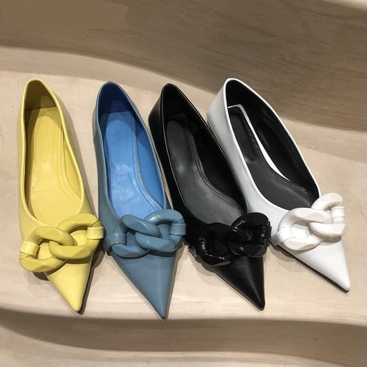 xiangtuibao  Brand Design Chain Buckle Flat Shoes Women Flat Heel Ballet Pointed Toe Slip On Female Ballerina Casual Loafers