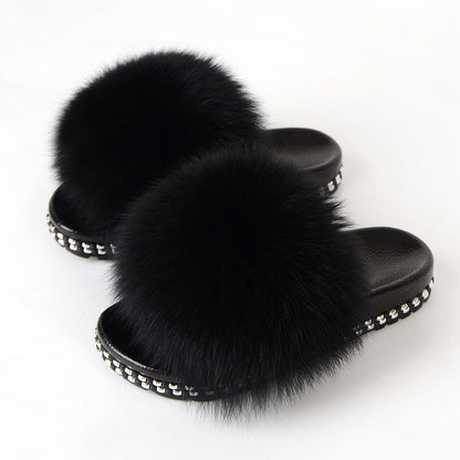 Fur Slippers Women House Fluffy Slippers Home Female Furry Slides Indoor Summer Real Fur Flip Flops Ladies Luxury Sandals Shoes