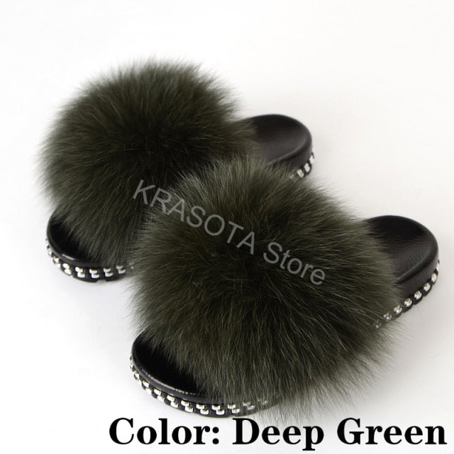 Fur Slippers Women House Fluffy Slippers Home Female Furry Slides Indoor Summer Real Fur Flip Flops Ladies Luxury Sandals Shoes