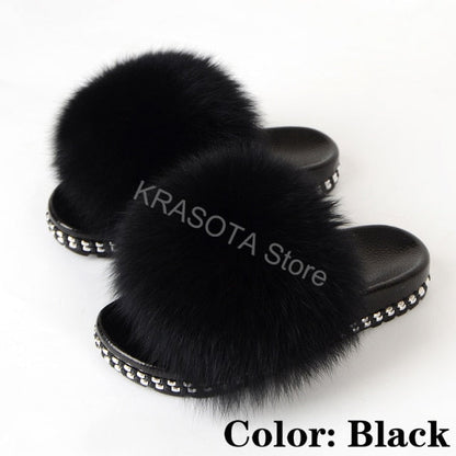 Fur Slippers Women House Fluffy Slippers Home Female Furry Slides Indoor Summer Real Fur Flip Flops Ladies Luxury Sandals Shoes