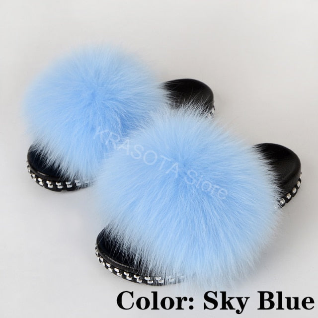 Fur Slippers Women House Fluffy Slippers Home Female Furry Slides Indoor Summer Real Fur Flip Flops Ladies Luxury Sandals Shoes