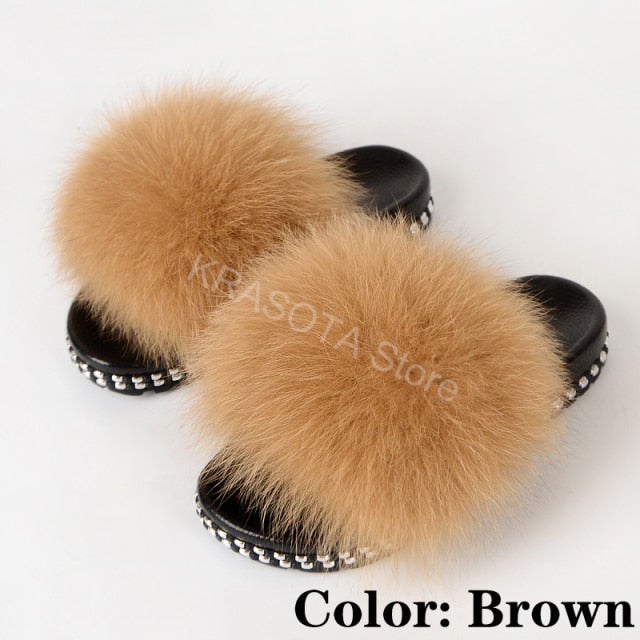 Fur Slippers Women House Fluffy Slippers Home Female Furry Slides Indoor Summer Real Fur Flip Flops Ladies Luxury Sandals Shoes