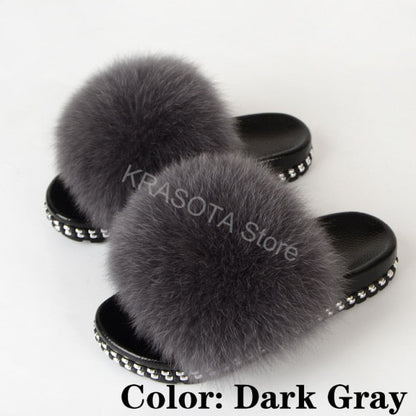 Fur Slippers Women House Fluffy Slippers Home Female Furry Slides Indoor Summer Real Fur Flip Flops Ladies Luxury Sandals Shoes