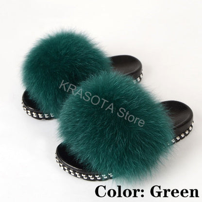 Fur Slippers Women House Fluffy Slippers Home Female Furry Slides Indoor Summer Real Fur Flip Flops Ladies Luxury Sandals Shoes