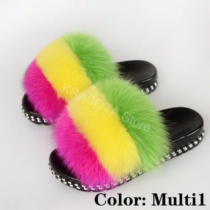 Fur Slippers Women House Fluffy Slippers Home Female Furry Slides Indoor Summer Real Fur Flip Flops Ladies Luxury Sandals Shoes