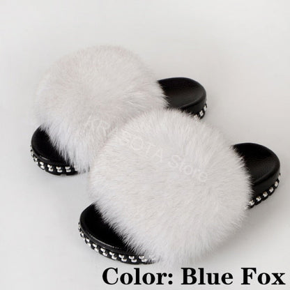 Fur Slippers Women House Fluffy Slippers Home Female Furry Slides Indoor Summer Real Fur Flip Flops Ladies Luxury Sandals Shoes