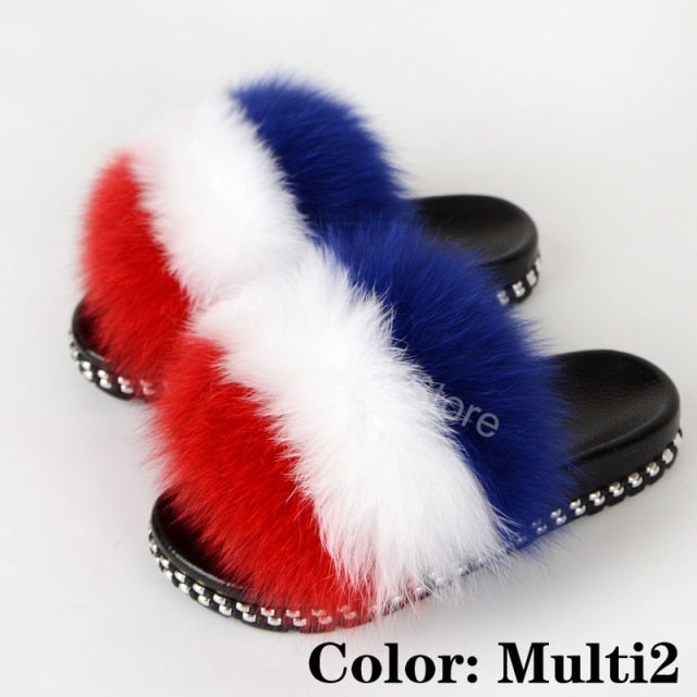 Fur Slippers Women House Fluffy Slippers Home Female Furry Slides Indoor Summer Real Fur Flip Flops Ladies Luxury Sandals Shoes