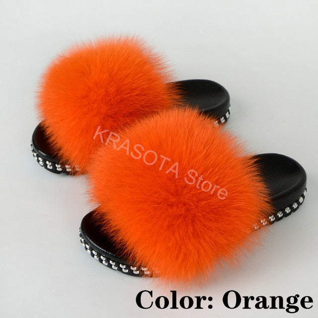 Fur Slippers Women House Fluffy Slippers Home Female Furry Slides Indoor Summer Real Fur Flip Flops Ladies Luxury Sandals Shoes