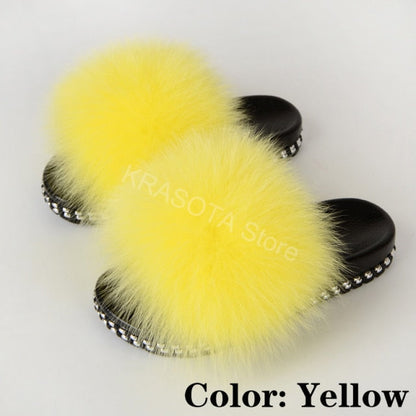 Fur Slippers Women House Fluffy Slippers Home Female Furry Slides Indoor Summer Real Fur Flip Flops Ladies Luxury Sandals Shoes