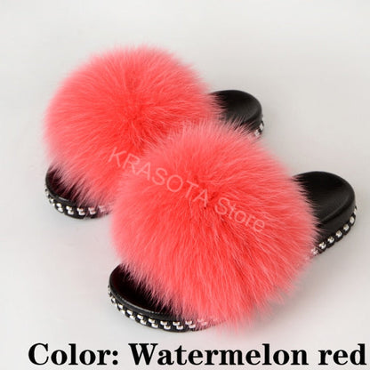 Fur Slippers Women House Fluffy Slippers Home Female Furry Slides Indoor Summer Real Fur Flip Flops Ladies Luxury Sandals Shoes