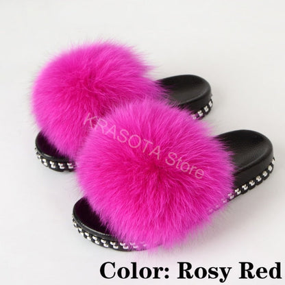 Fur Slippers Women House Fluffy Slippers Home Female Furry Slides Indoor Summer Real Fur Flip Flops Ladies Luxury Sandals Shoes