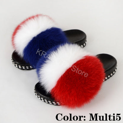 Fur Slippers Women House Fluffy Slippers Home Female Furry Slides Indoor Summer Real Fur Flip Flops Ladies Luxury Sandals Shoes