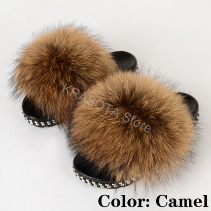 Fur Slippers Women House Fluffy Slippers Home Female Furry Slides Indoor Summer Real Fur Flip Flops Ladies Luxury Sandals Shoes