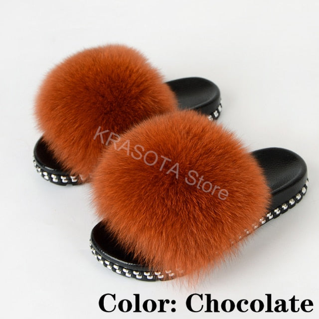 Fur Slippers Women House Fluffy Slippers Home Female Furry Slides Indoor Summer Real Fur Flip Flops Ladies Luxury Sandals Shoes