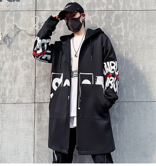 Men Jacket Men 5XL Print Hooded Longxiangtuibao Coat Black  Hip Hop Streetwear Men's Jackets Outwear