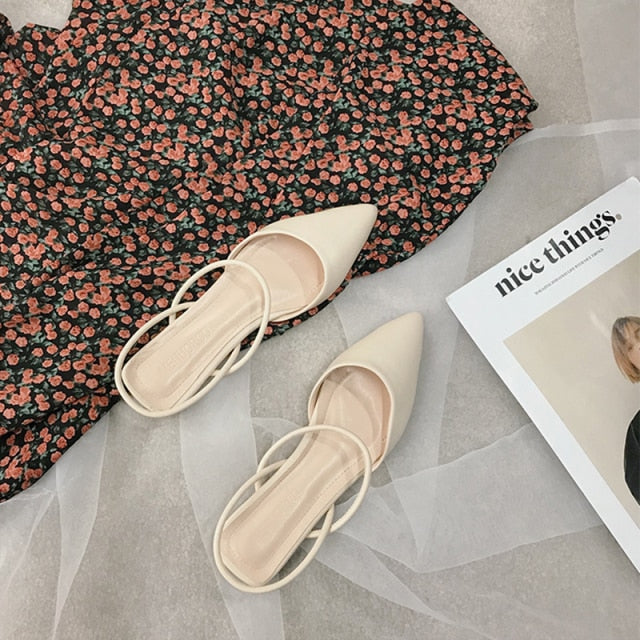 Women Pointed Toe Flats Shoes  Ladies Summer Mules Slippers Vintage Cloesed Toe Rubber Soles Beige Sandals Women Low Heels