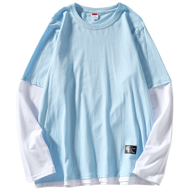 xiangtuibao High Quality Autumn Spring Fashion Oversize Fake Two Pieces Tshirt Men's Long Sleeve Casual O Neck T-Shirt For Man TOP TEES