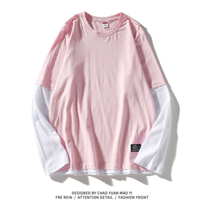 xiangtuibao High Quality Autumn Spring Fashion Oversize Fake Two Pieces Tshirt Men's Long Sleeve Casual O Neck T-Shirt For Man TOP TEES