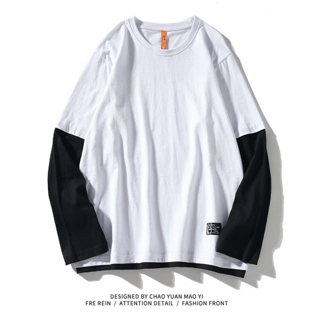 xiangtuibao High Quality Autumn Spring Fashion Oversize Fake Two Pieces Tshirt Men's Long Sleeve Casual O Neck T-Shirt For Man TOP TEES