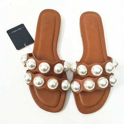 brand shoes  Fashion Flat Slippers Party  shoes Fulgurant Pearl Sandals thin Belt Roman Flat Women Flip Flops Casual Beach