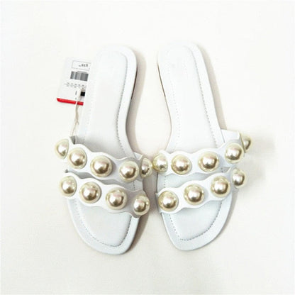 brand shoes  Fashion Flat Slippers Party  shoes Fulgurant Pearl Sandals thin Belt Roman Flat Women Flip Flops Casual Beach