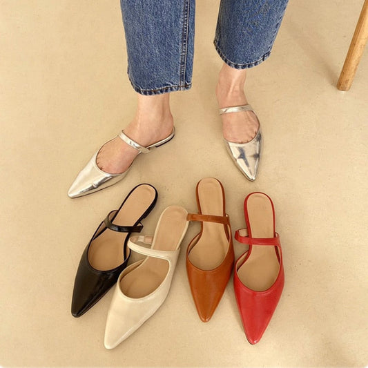 South Korea Net Red Pointed Half Slippers  Summer New Silver Color Baotou Flat Slipper Women's Slipper Lazy