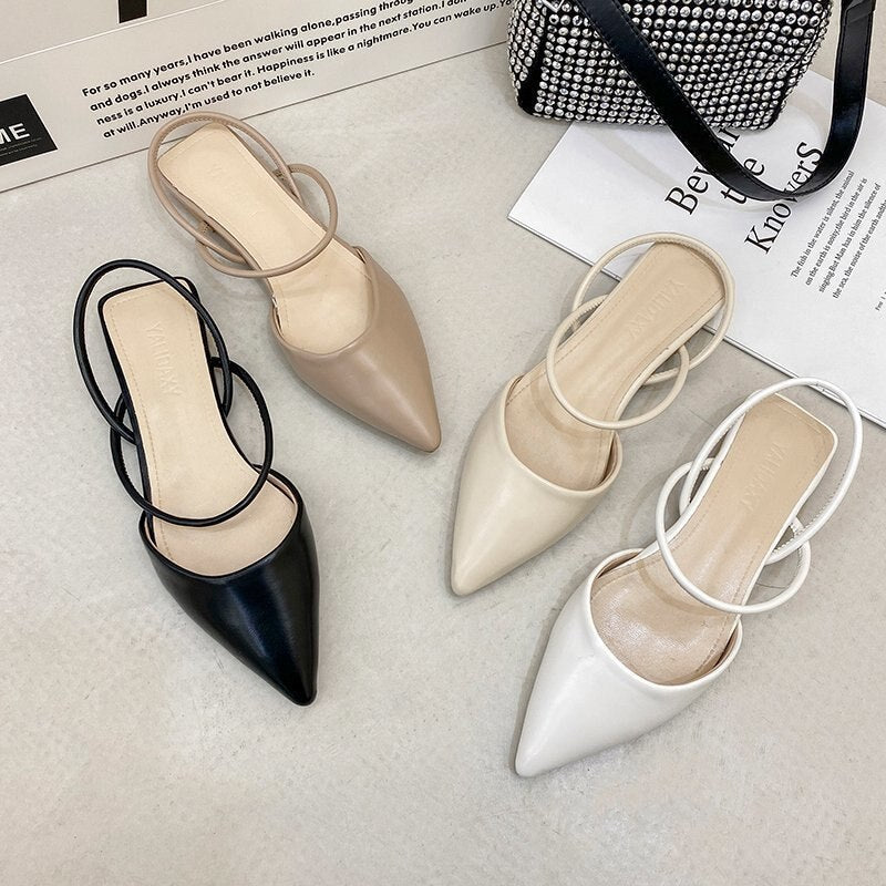 Women Pointed Toe Flats Shoes  Ladies Summer Mules Slippers Vintage Cloesed Toe Rubber Soles Beige Sandals Women Low Heels