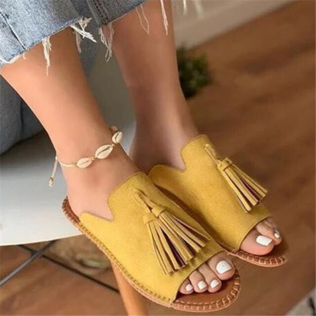 JIANBUDAN New Fringe Slides Women's Fashion Outdoor Flat Slippers  Summer comfortable sandals Big size Casual women's slippers