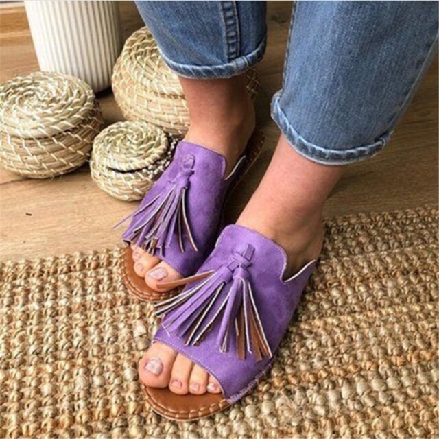 JIANBUDAN New Fringe Slides Women's Fashion Outdoor Flat Slippers  Summer comfortable sandals Big size Casual women's slippers