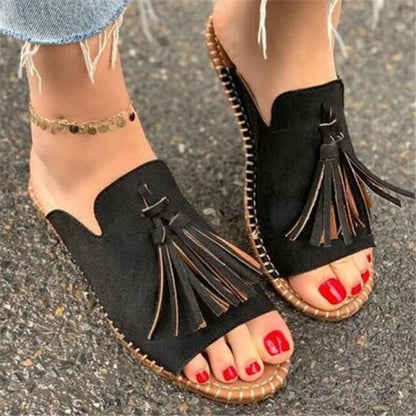 JIANBUDAN New Fringe Slides Women's Fashion Outdoor Flat Slippers  Summer comfortable sandals Big size Casual women's slippers