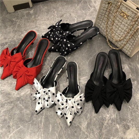 xiangtuibao   New Spring Slippers Women's Korean-Style Pointed Polka Dot Bow Stiletto Mid-Heel Low Heel Slippers Polka Dot Half Slippers